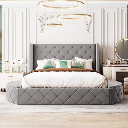 Queen Size Velvet Platform Bed Frame with Storage and Wingback Headboard - DSARD