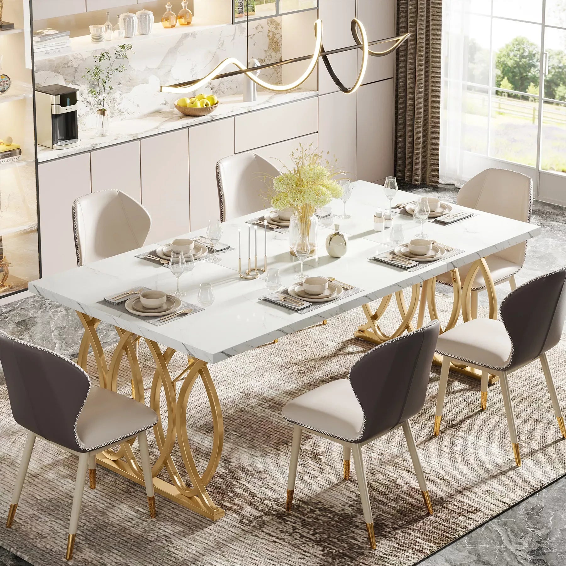 63″ Rectangular Dining Table with Faux Marble Top and Gold Metal Legs - DSARD - DSARD