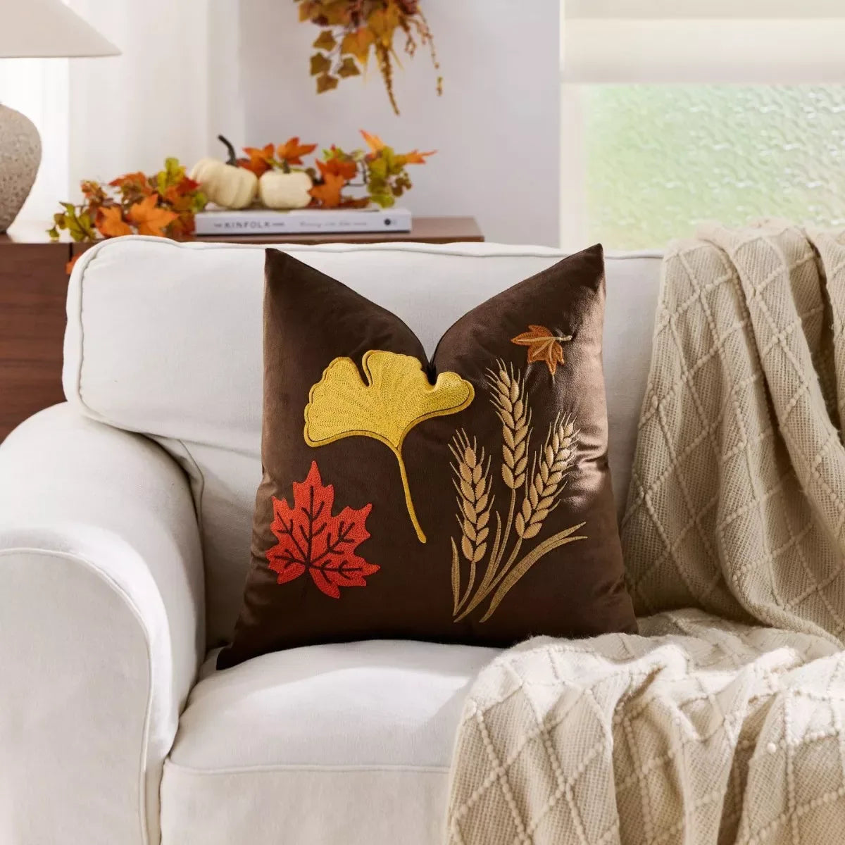 Autumn Harvest Embroidered Pillow Cover 18x18inc – Cozy Fall Home Décor - DSARD
