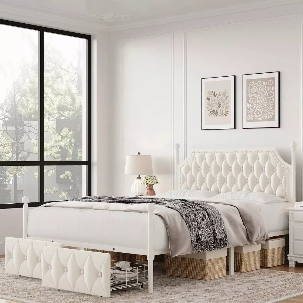Full Size Upholstered Canopy Bed Frame with Storage Drawers