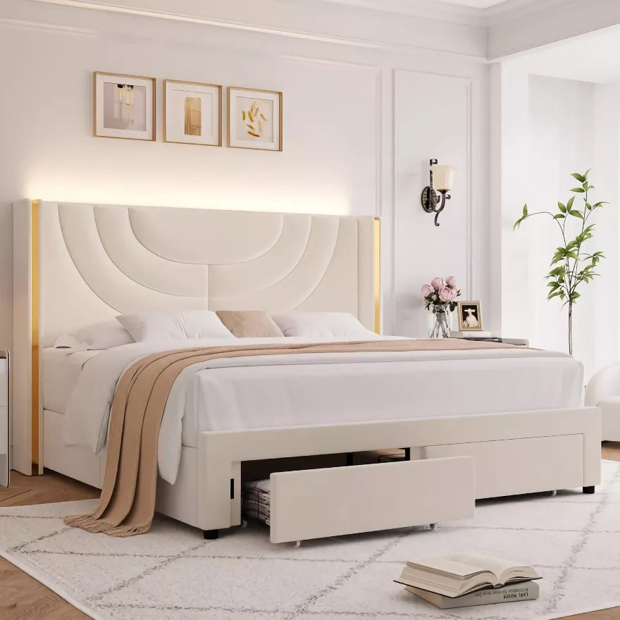 LED Bed Frame with Storage Drawers and Solid Wood Support - DSARD