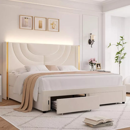 LED Bed Frame with Storage Drawers and Solid Wood Support - DSARD