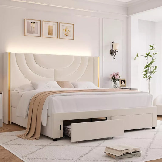 LED Bed Frame with Storage Drawers and Solid Wood Support - DSARD