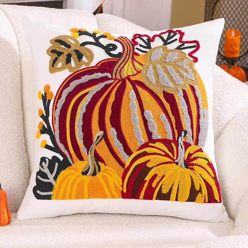 45x45cm Pumpkin Embroidered Cotton Pillow Cover – Cozy Fall Décor