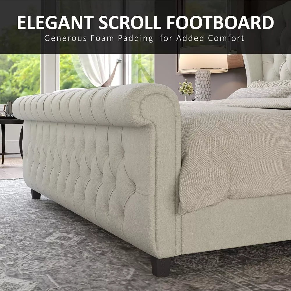 King Size Chenille Upholstered Sleigh Bed Frame with Scroll Wingback Headboard - DSARD