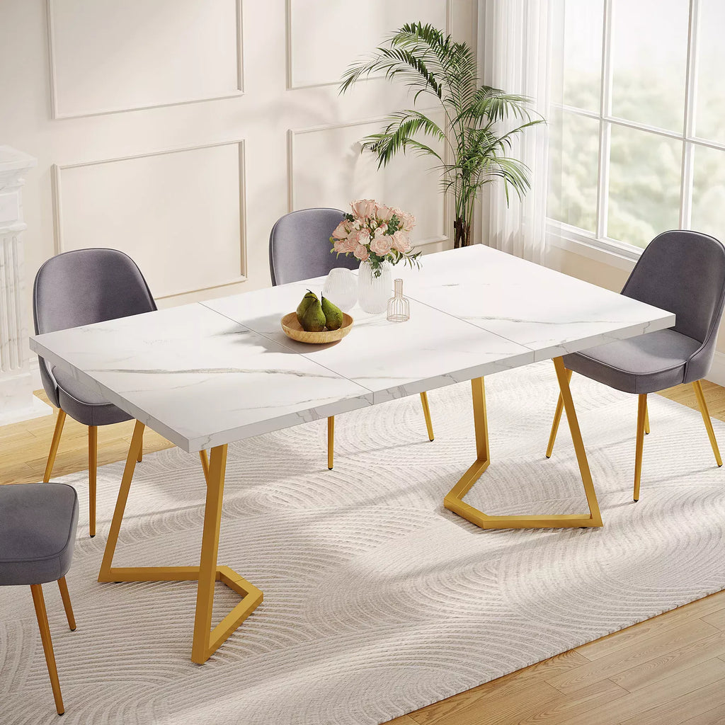 Modern White Faux Marble Dining Table with Gold Legs - DSARD
