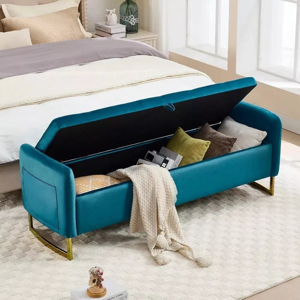 Velvet Storage Ottoman Bench with Armrests, 67″ Upholstered End of Bed Bench - DSARD