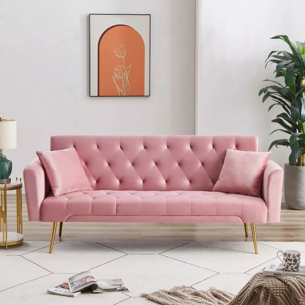 Velvet Futon Sofa Bed with 3 Adjustable Backrest Angles & Pillows - DSARD