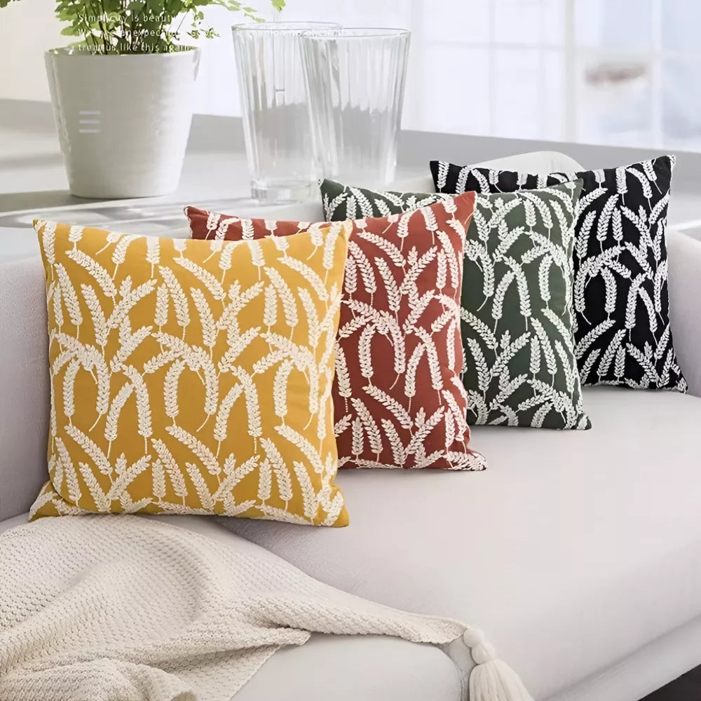 Boho Tufted Throw Pillow Cover with Tropical Monstera Leaf Design