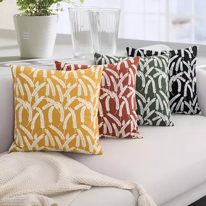 Boho Tufted Throw Pillow Cover with Tropical Monstera Leaf Design