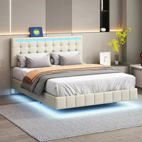 Queen Size Floating Bed Frame with LED Lights & USB Charging Station - DSARD