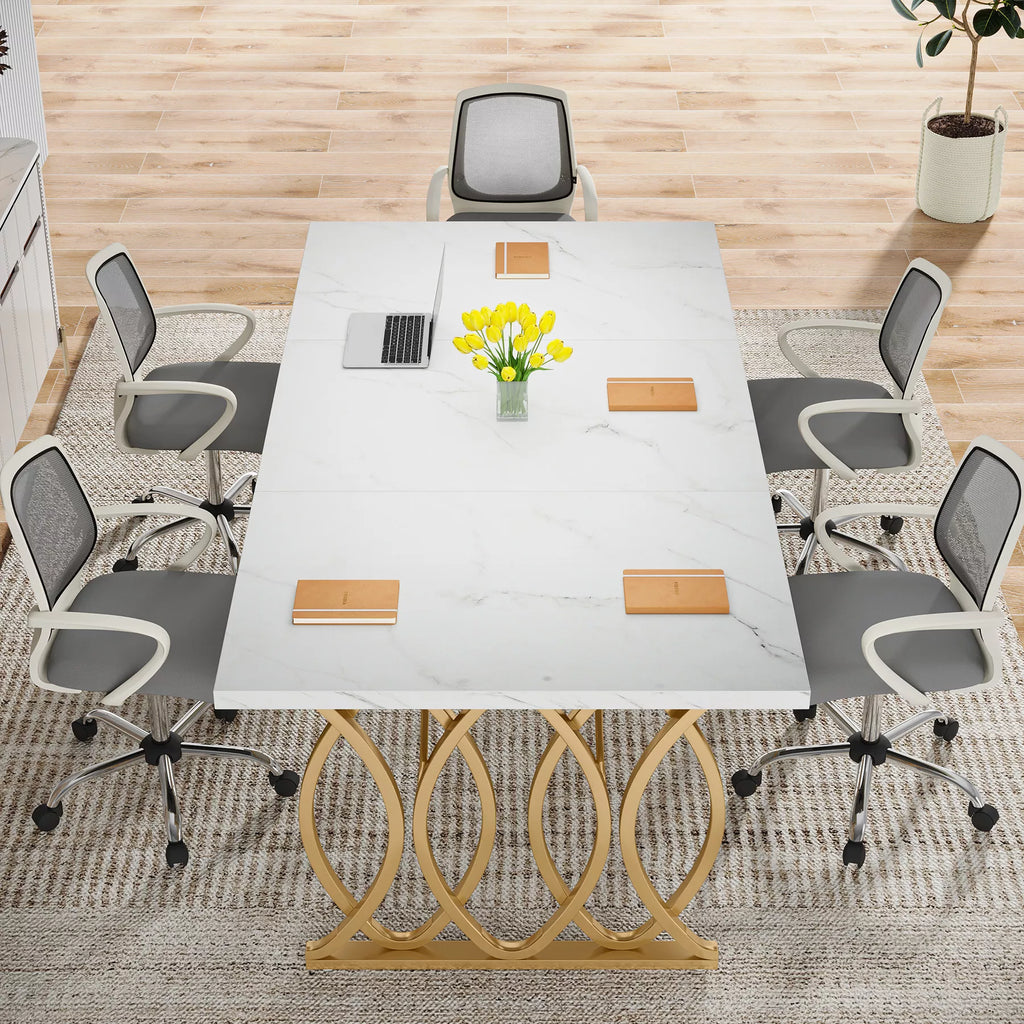 Modern Executive Desk with Faux Marble Top, 63″ Large Office Table in White Gold - DSARD
