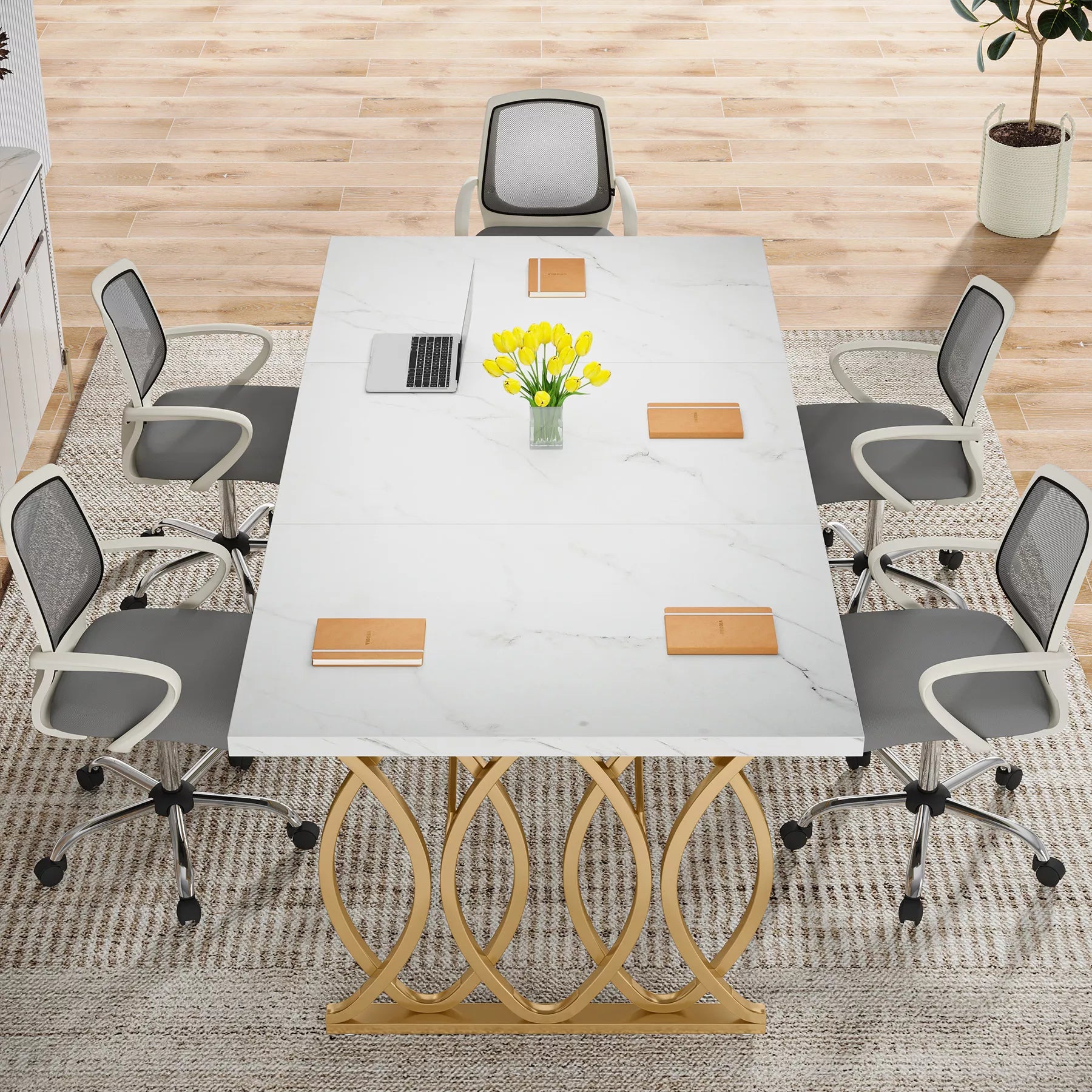 Modern Executive Desk with Faux Marble Top, 63″ Large Office Table in White Gold - DSARD