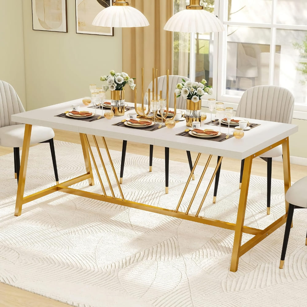 Modern Rectangular Dining Table with Faux Marble Top and Gold Metal Legs - DSARD