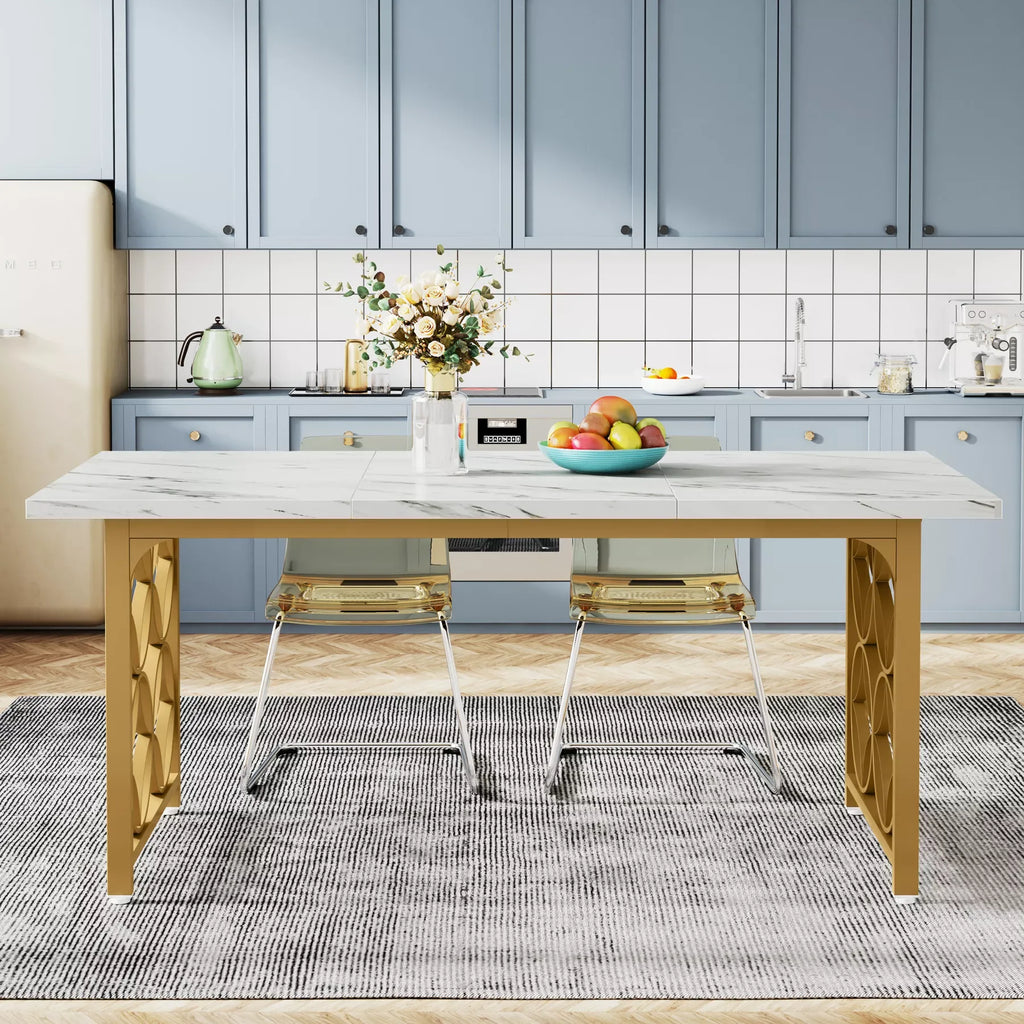 63-Inch Modern Marble Dining Table for 6, Rectangular Kitchen Table with Gold Frame - DSARD - DSARD