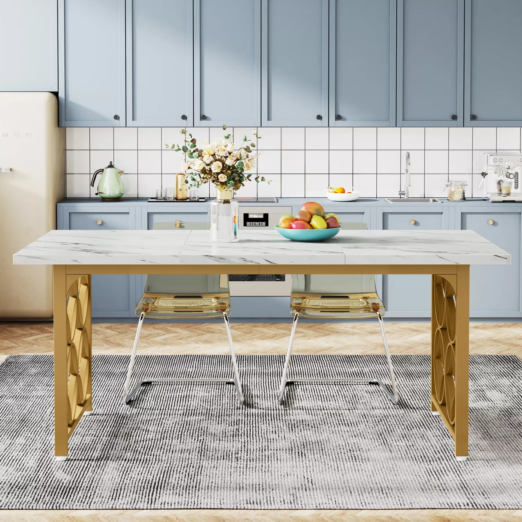 63-Inch Modern Marble Dining Table for 6, Rectangular Kitchen Table with Gold Frame - DSARD - DSARD