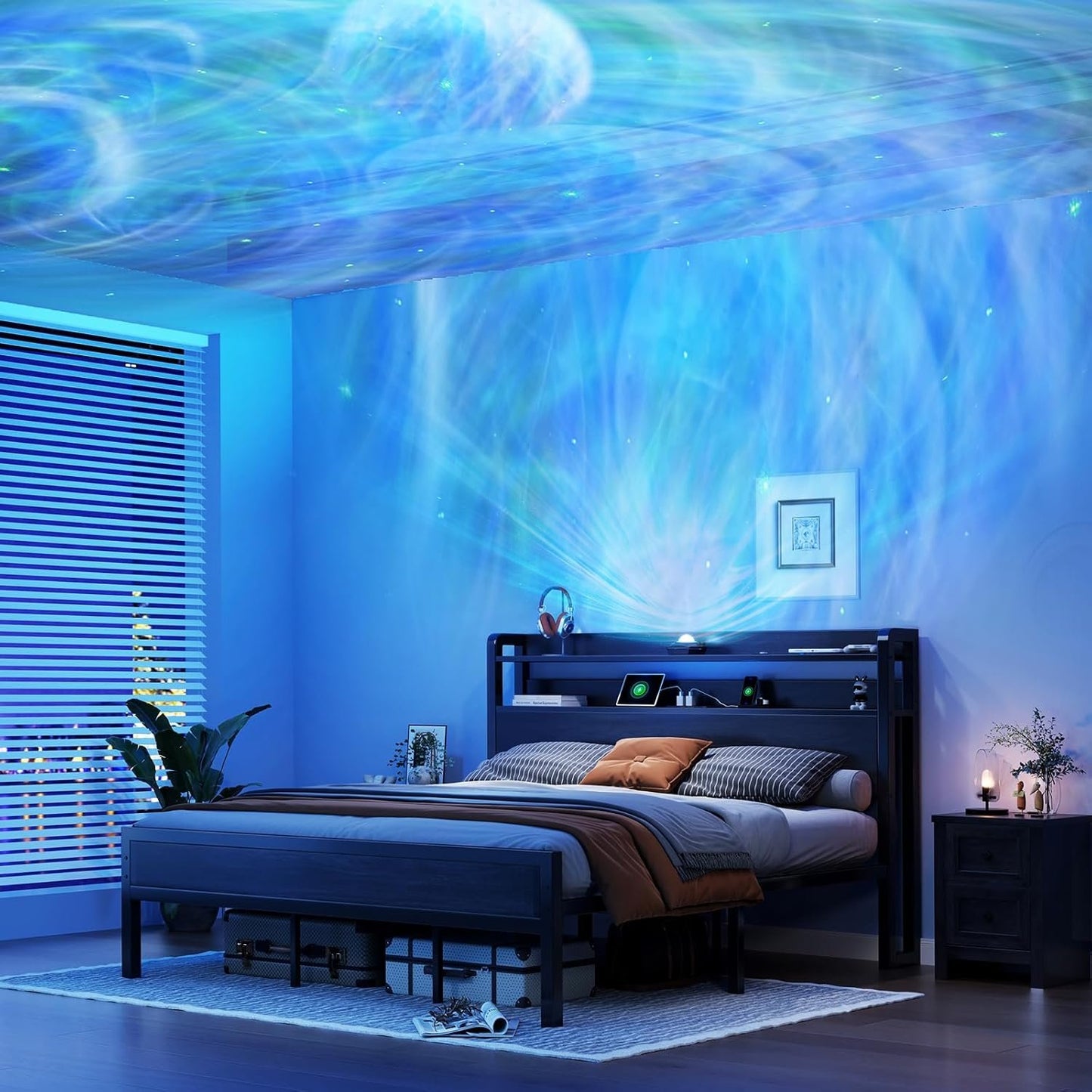 King Size Platform Bed Frame with Galaxy Projector & Charging Headboard - DSARD