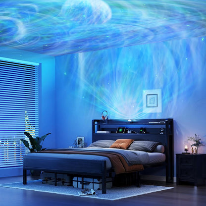 King Size Platform Bed Frame with Galaxy Projector & Charging Headboard - DSARD