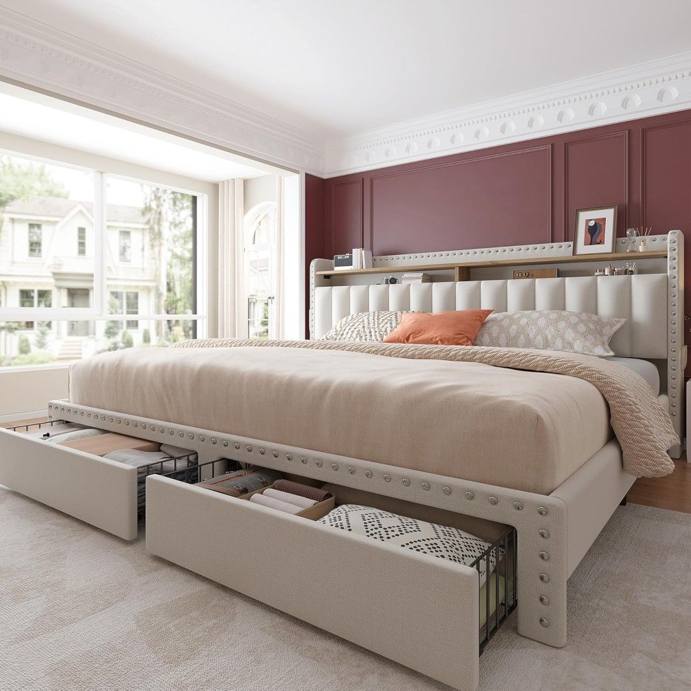 King Platform Bed with Storage Drawers & Tall Upholstered Headboard