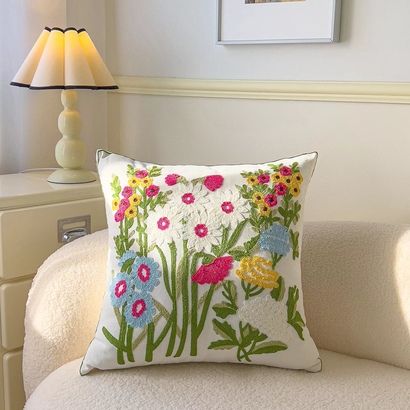 Floral Embroidered Cotton Pillow Cover 18×18 Inch – Cozy Decorative Cushion Case