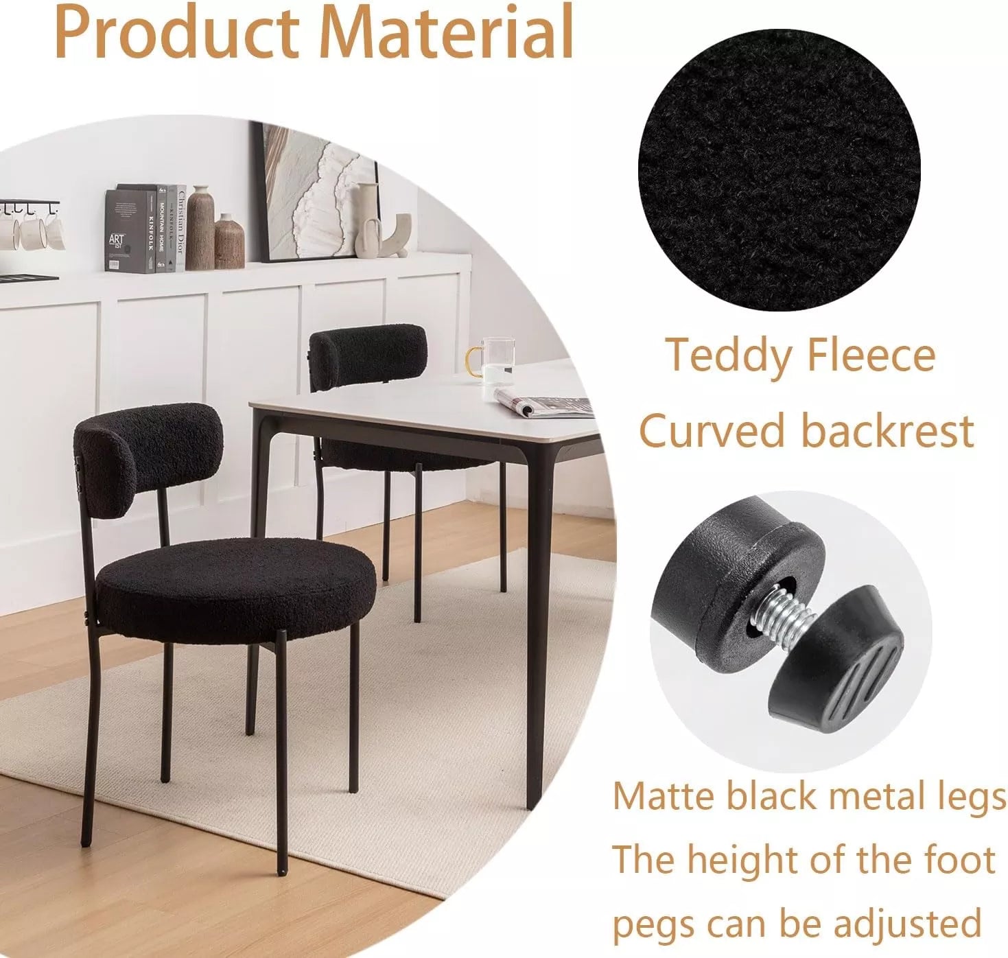 Set of 6 Modern Round Upholstered Dining Chairs with Black Metal Legs - DSARD
