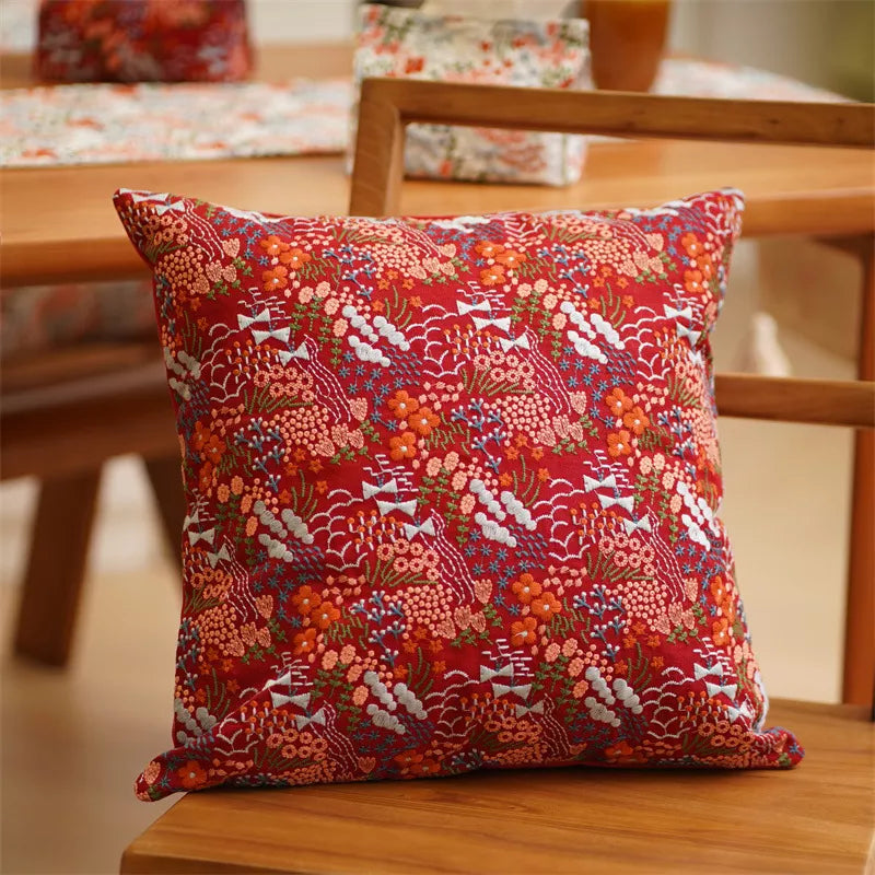 Red Floral Embroidered Pillow Cover
