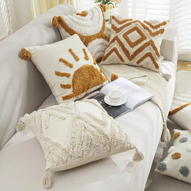 Bohemian Geometric Embroidered Tassel Pillow Cover 18×18 Inch