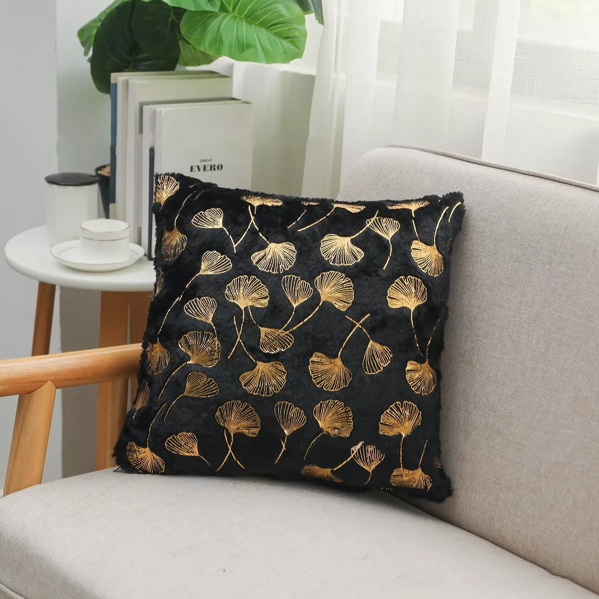 Golden Plush Ginkgo Leaf Cushion Cover 16.5×16.5in