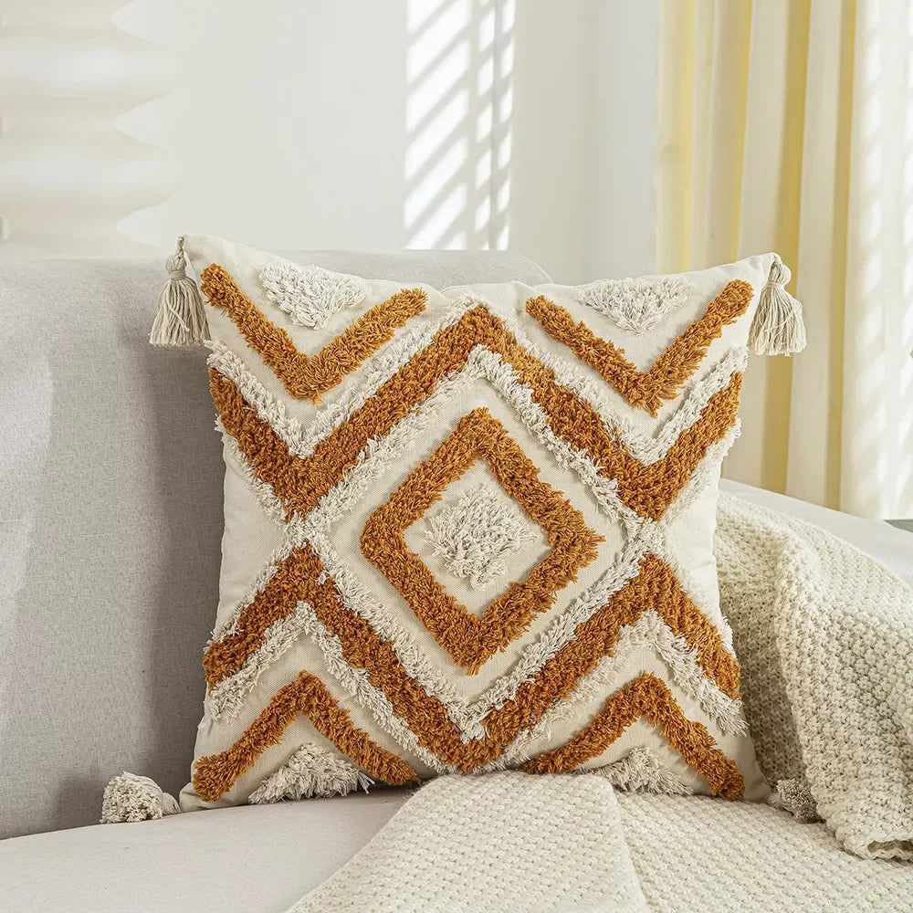 Bohemian Geometric Embroidered Tassel Pillow Cover 18×18 Inch - DSARD