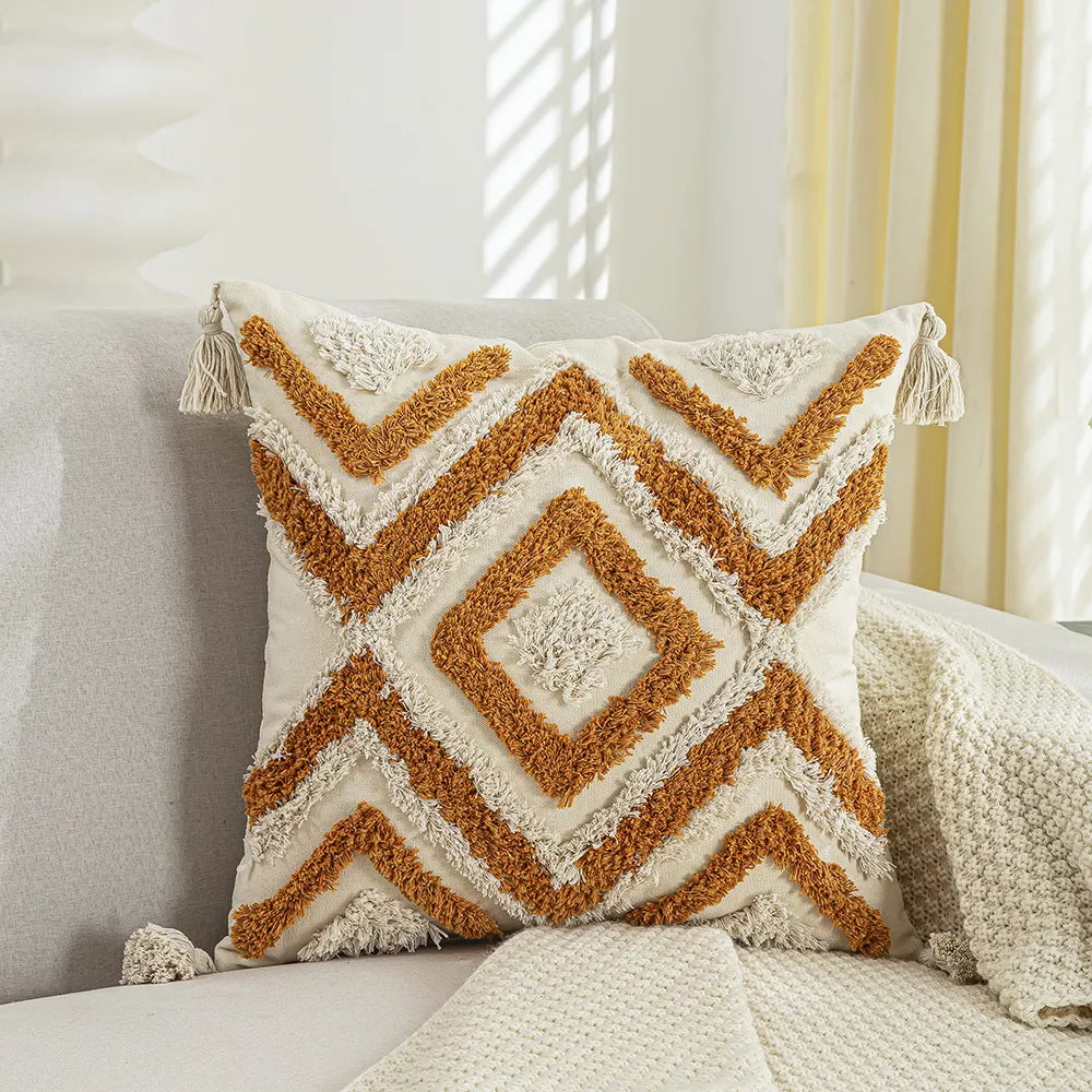 Bohemian Geometric Embroidered Tassel Pillow Cover 18×18 Inch