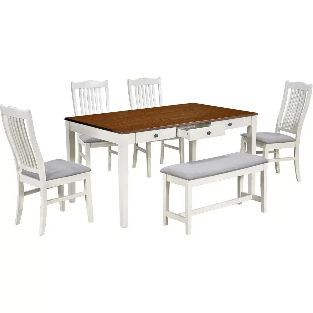 6-Piece Farmhouse Dining Table Set with 4 Upholstered Chairs and Bench - DSARD - DSARD