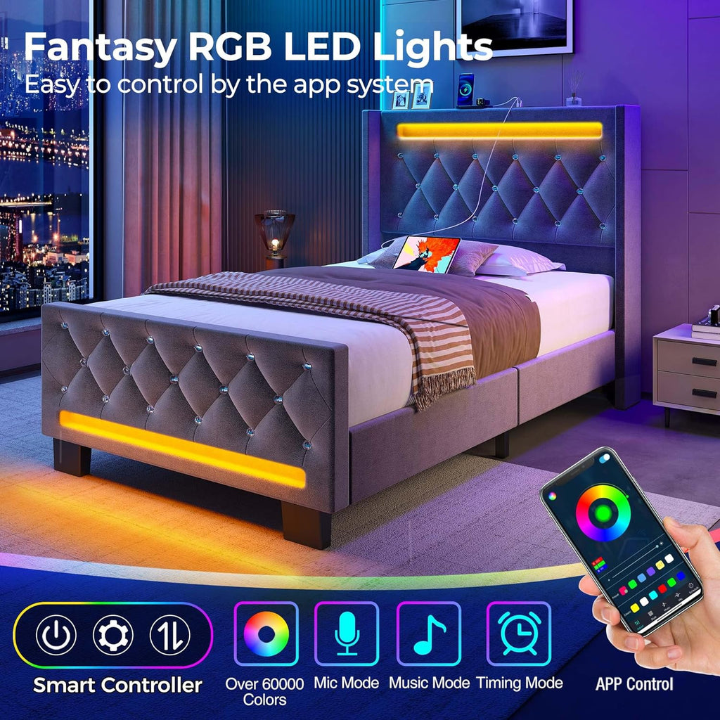 Grey LED Full Bed Frame – Luxury Upholstered Platform Bed