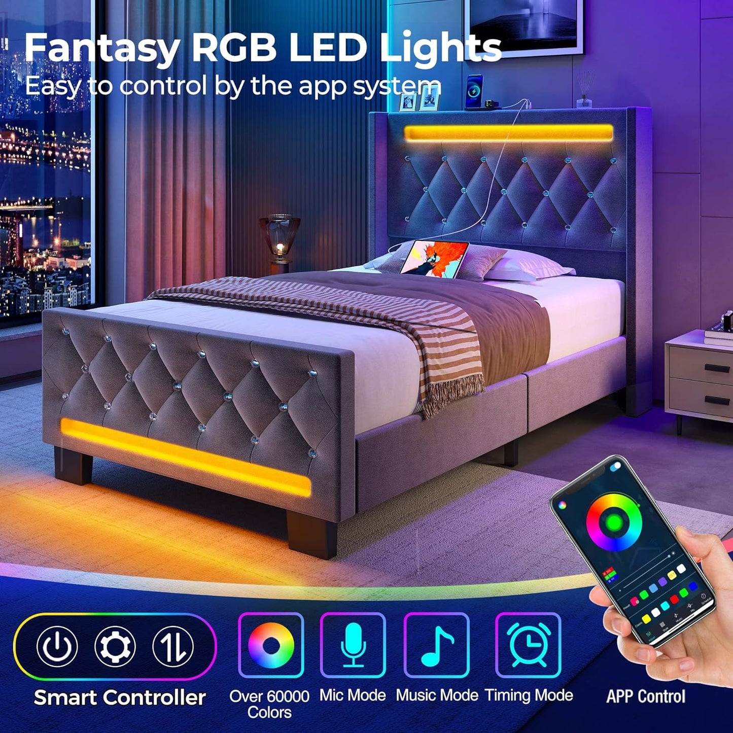 Luxury Grey LED Full Bed Frame - DSARD