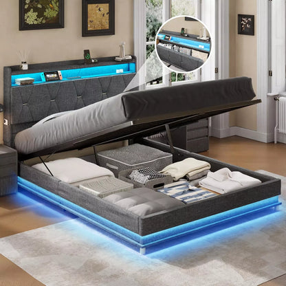 Full Size Upholstered Bed Frame with Lift-Up Storage, Charging Ports & LED Lights - DSARD