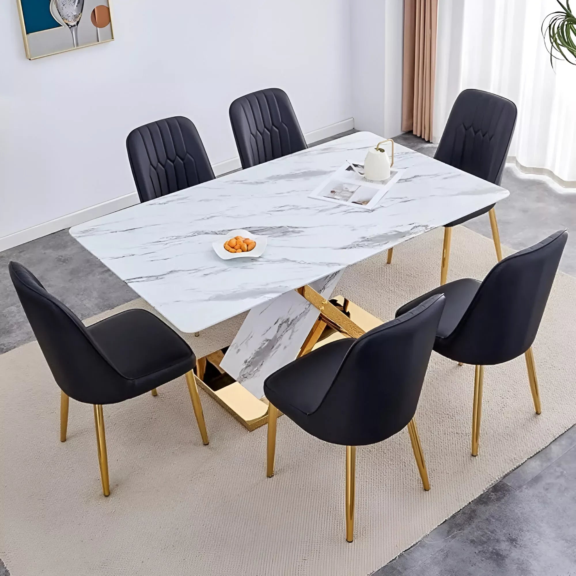 63″ White Faux Marble Dining Table Set for 6, Modern Dining Room Table and Chairs Set - DSARD - DSARD