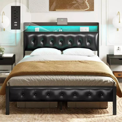 Queen Bed Frame with Storage Headboard, LED Lights, and Power Charging Station - DSARD