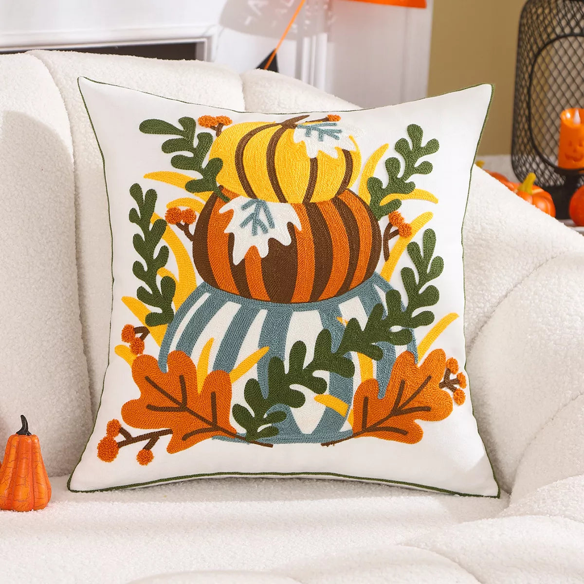 45x45cm Pumpkin Embroidered Cotton Pillow Cover – Cozy Fall Décor