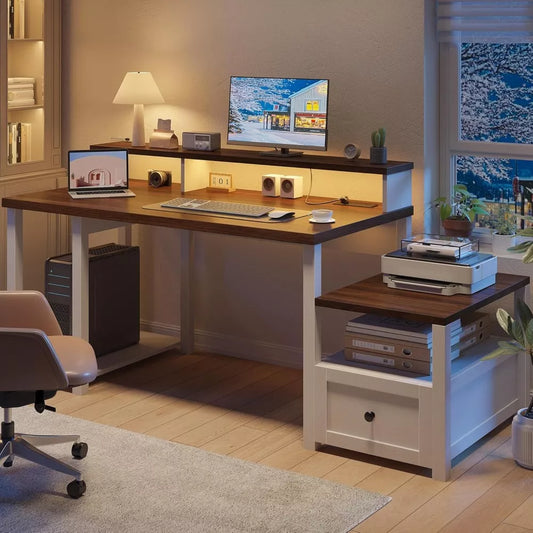 Farmhouse L-Shaped Computer Desk with Drawers, Shelves & Power Outlets - DSARD