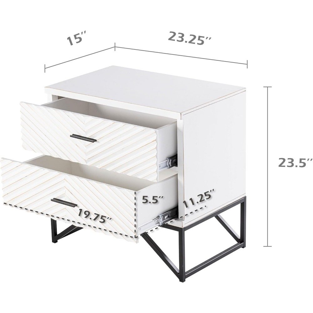 Set of 2 Modern 2-Drawer Premium Nightstands with Black Metal Base