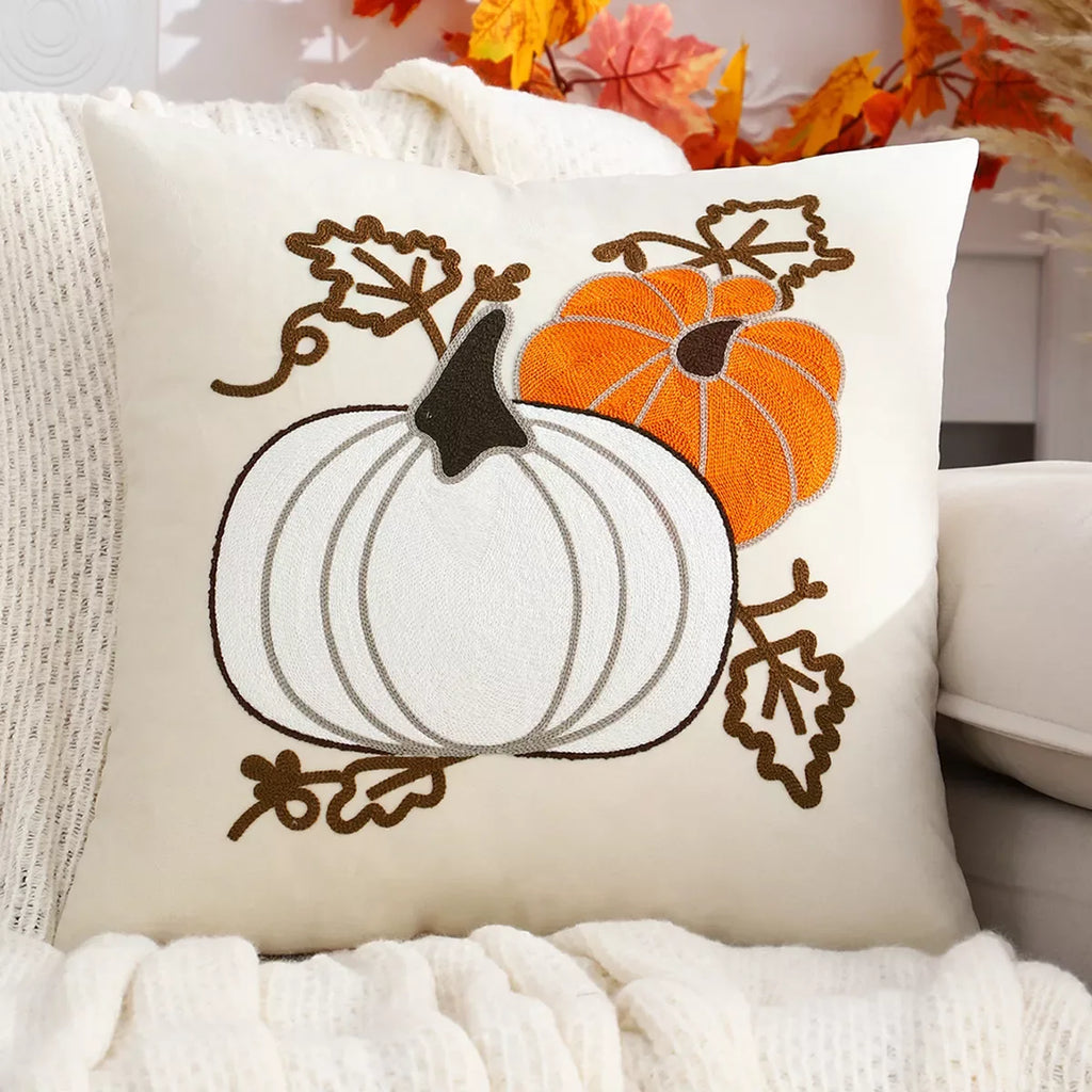 Embroidered Velvet Pumpkin Cushion Cover 18×18 Inch – Cozy Fall Décor - DSARD