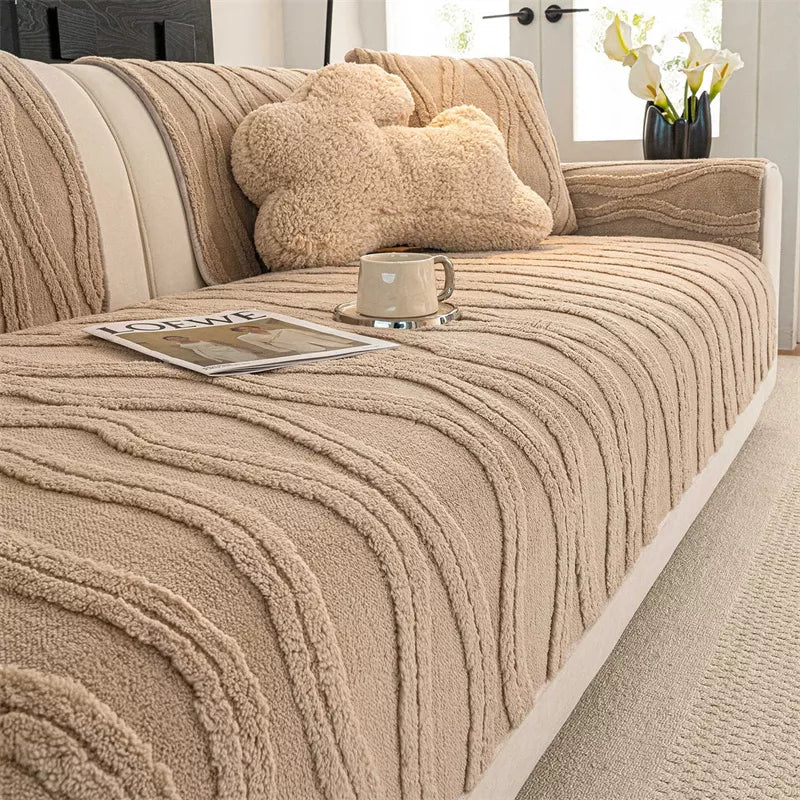 French Striped Plush Winter Sofa Cover – Warm, Non-Slip Couch Cushion Pad