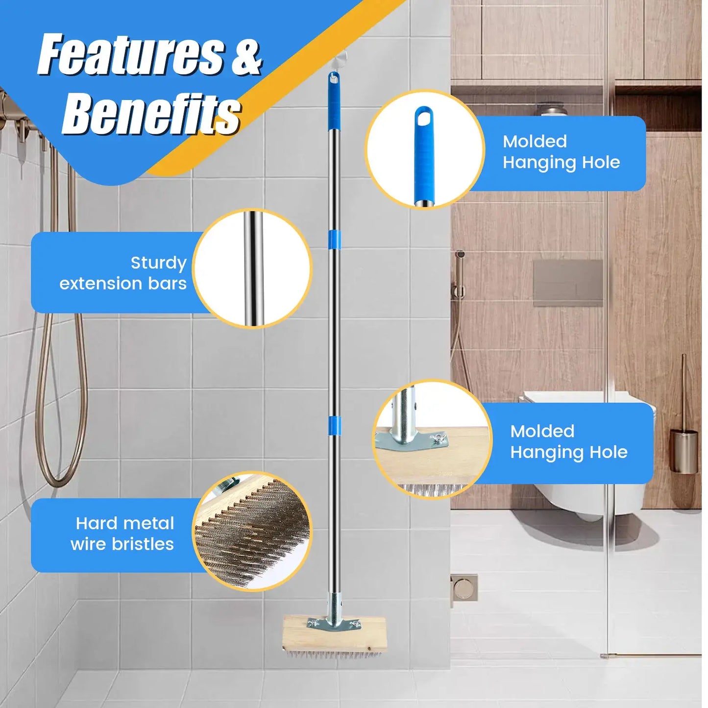 Stainless Steel Wire Floor Scrub Brush with Long Adjustable Handle for Outdoor Cleaning