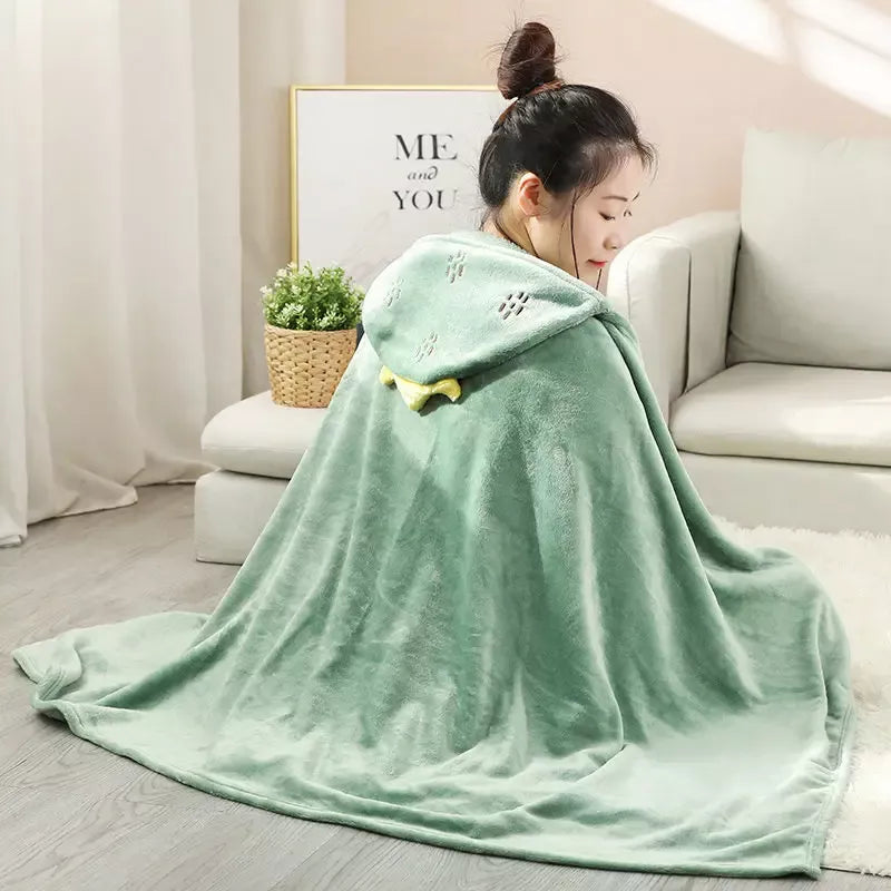 Cozy Cartoon Hooded Blanket – Wearable Coral Velvet Throw for Adults & Kids