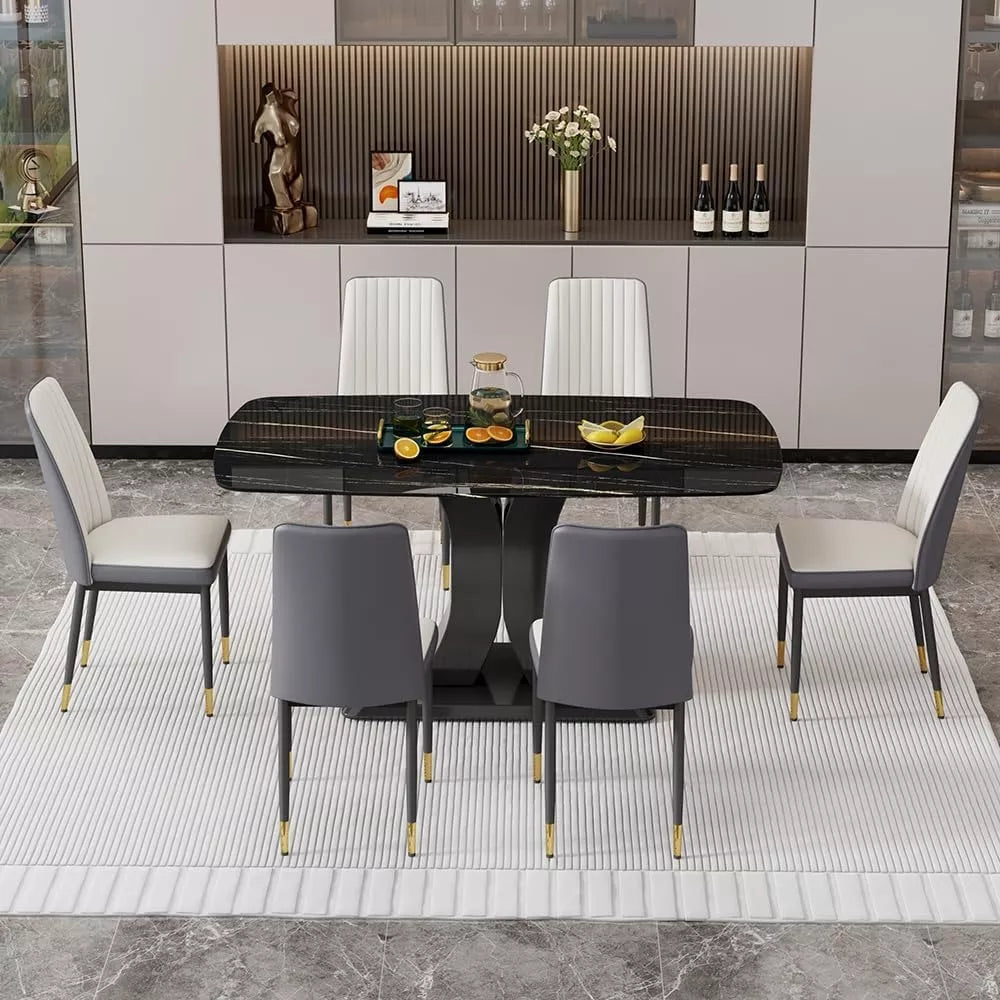Modern Dining Table Set for 6 with Marble Top and Leather Chairs - DSARD