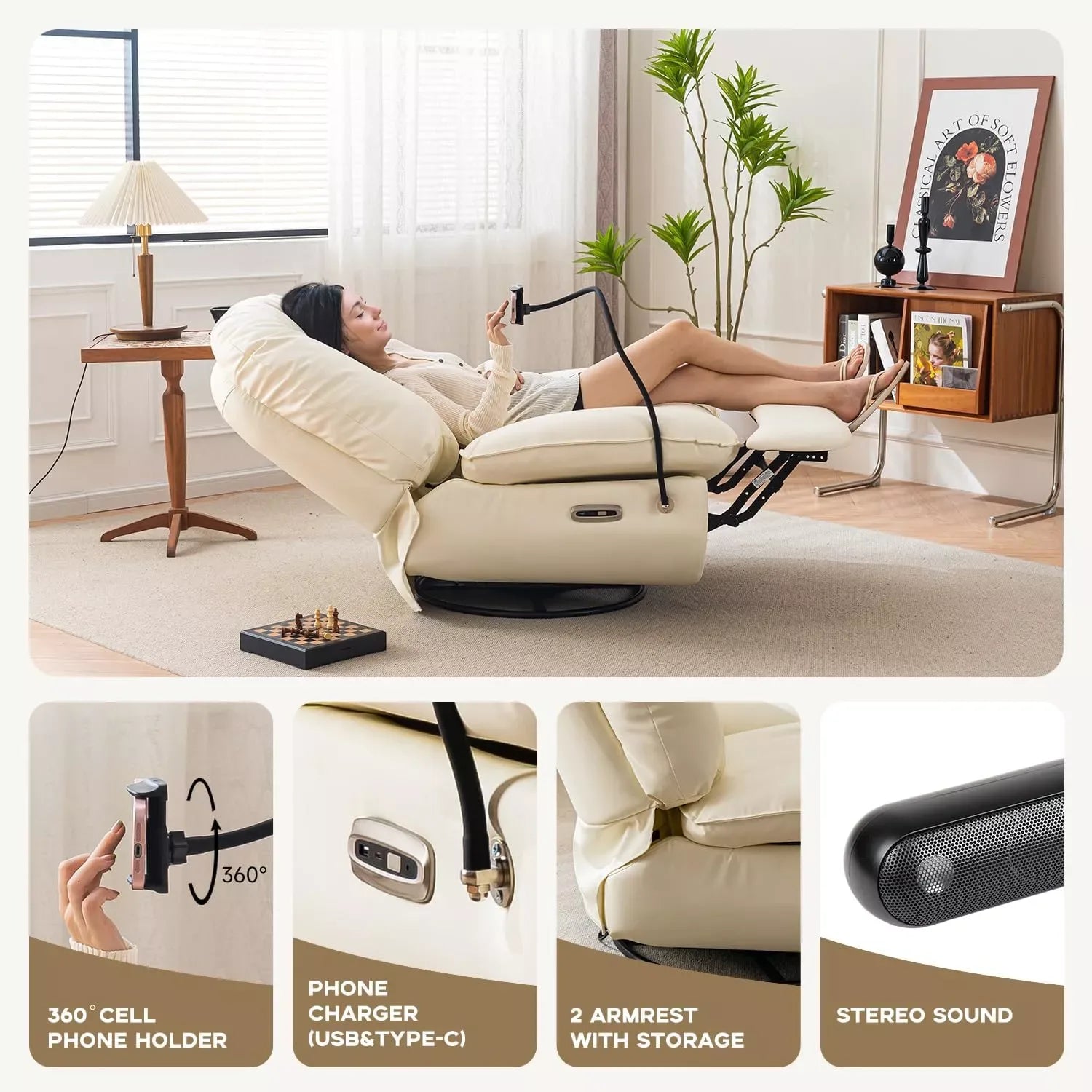 270° Swivel Power Recliner with Voice Control, USB, and Cell Phone Holder - DSARD - DSARD