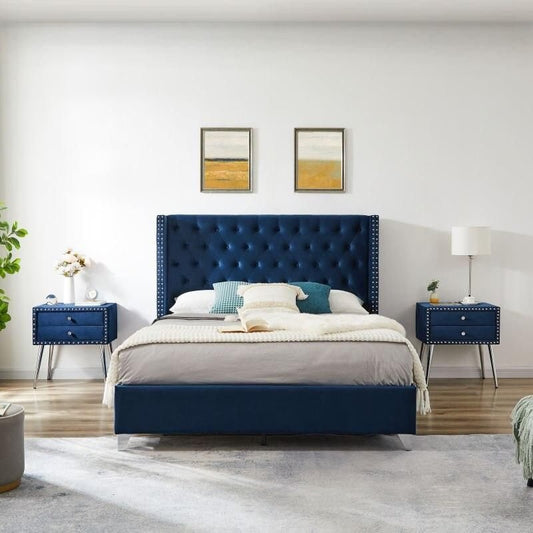 Luxury King-Sized Bed Set with Upholstered Headboard and Matching Nightstands