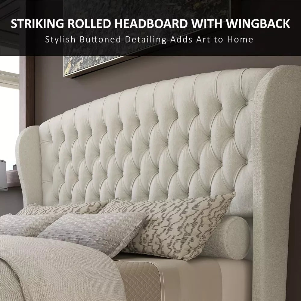 King Size Chenille Upholstered Sleigh Bed Frame with Scroll Wingback Headboard - DSARD