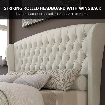 King Size Chenille Upholstered Sleigh Bed Frame with Scroll Wingback Headboard - DSARD