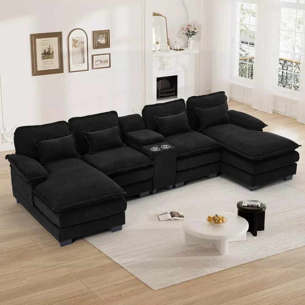 U-Shaped Cloud Sectional Sofa, 124″ Chenille Modular Couch with Storage & USB - DSARD