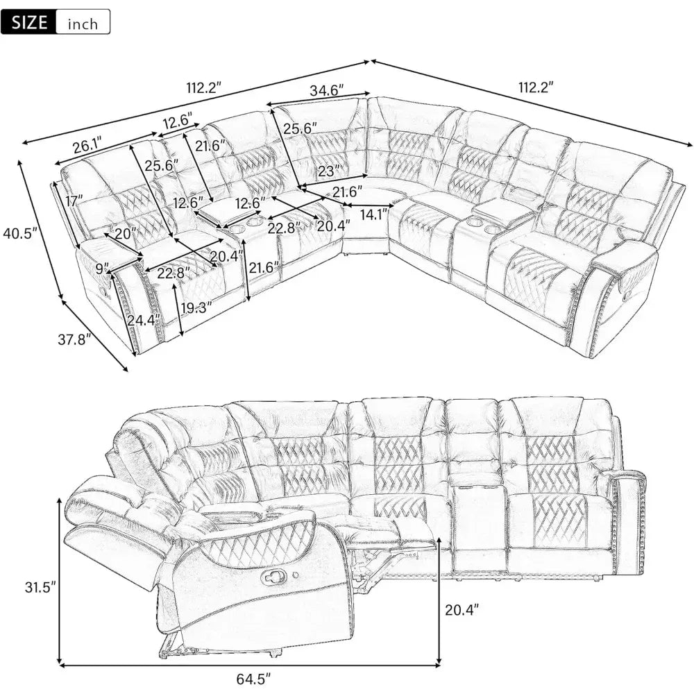 Luxurious Reclining Sectional Sofa with Storage, LED Lights, and Cup Holders - DSARD